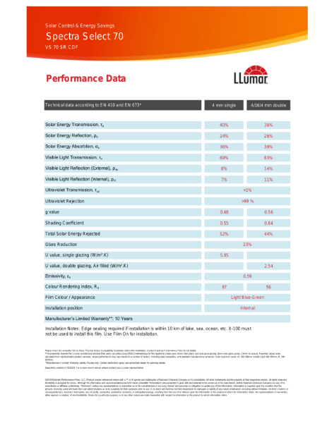 Data Sheet -  High VLT Spectrally Selective Window Film - LLumar VS70 SR CDF