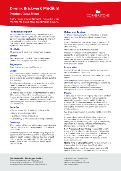 Cornerstone Drymix Brickwork Medium - Product Data Sheet