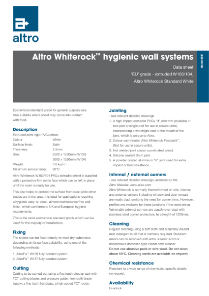 Altro Whiterock White Technical Data Sheet
