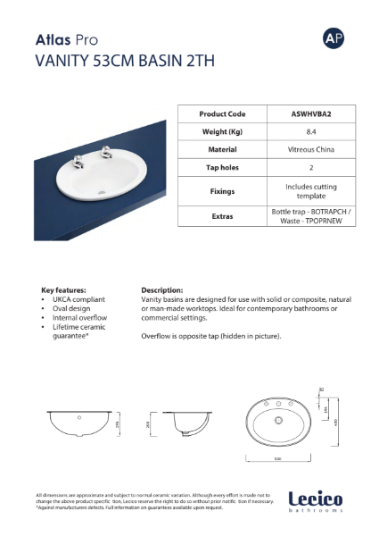 Atlas Pro Vanity 53cm Basin 2TH Data Sheet