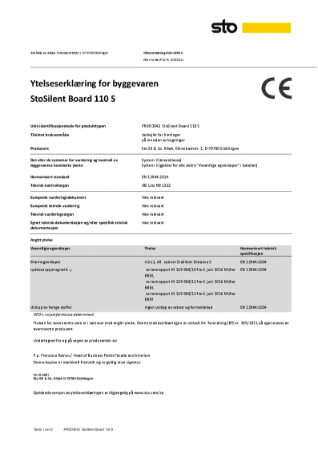 Ytelseserklæring for byggevaren StoSilent Board 110 S