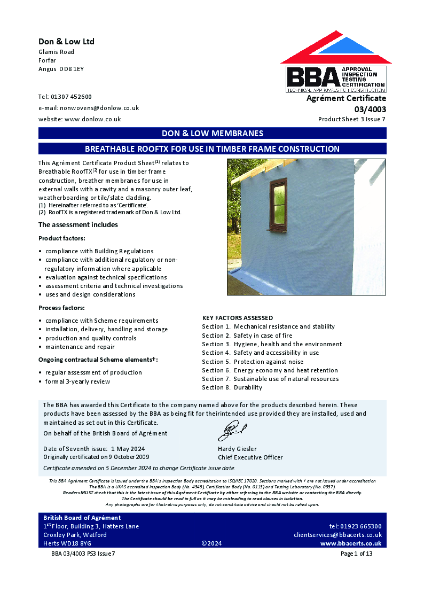 03-4003 Roof TX BBA Certificate in timber frame construction Issue 7
