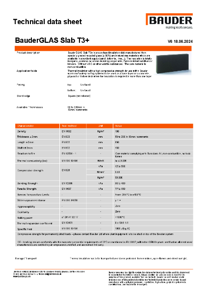 BauderGLAS Slab T3+ - Technical Data Sheet