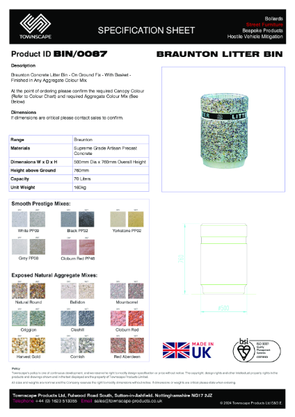 Townscape Braunton Litter Bin Specification Sheet BIN/0087