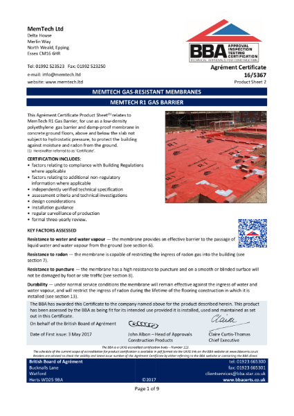 16/5367 - BBA Certificate Pro M1 Ground Gas Barrier