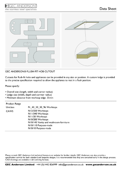 GEC Anderson Data Sheet - Flush-Fit Hob Cutout