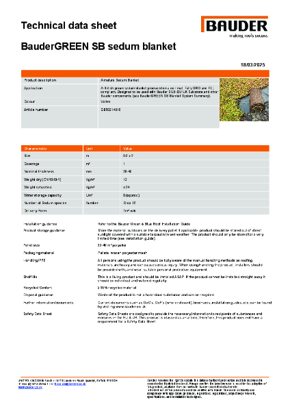 BauderGREEN SB Sedum Blanket - Technical Data Sheet (TDS)