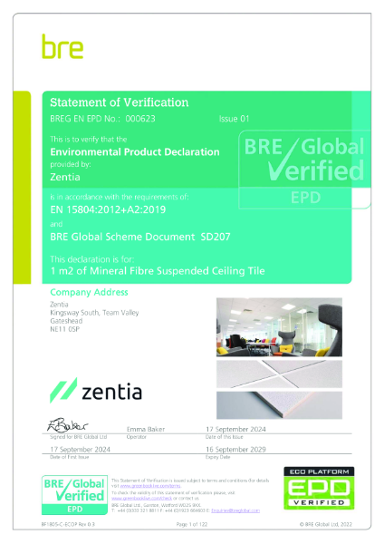 Environmental Product Declaration Mineral Fibre Suspended Ceiling Tile EPD Number 000623