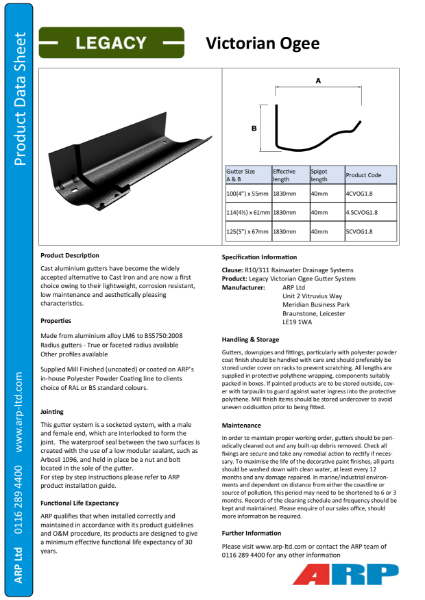 Legacy Victorian Ogee Data Sheet