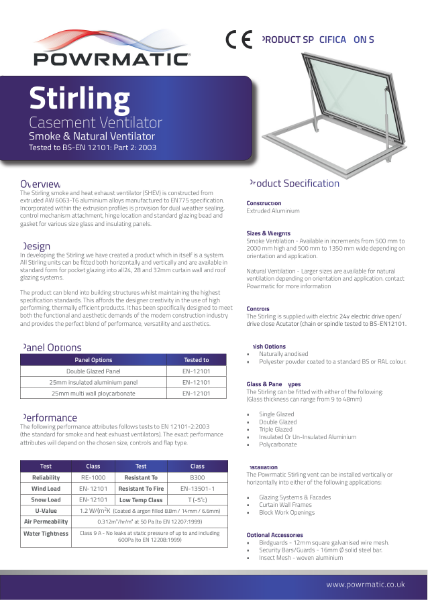 Stirling Casement Ventilator Product Specification Sheet