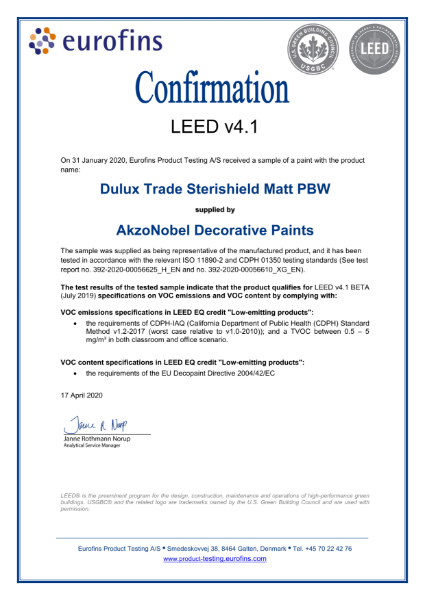 Dulux Trade Sterishield  Diamond Matt LEED Attestation