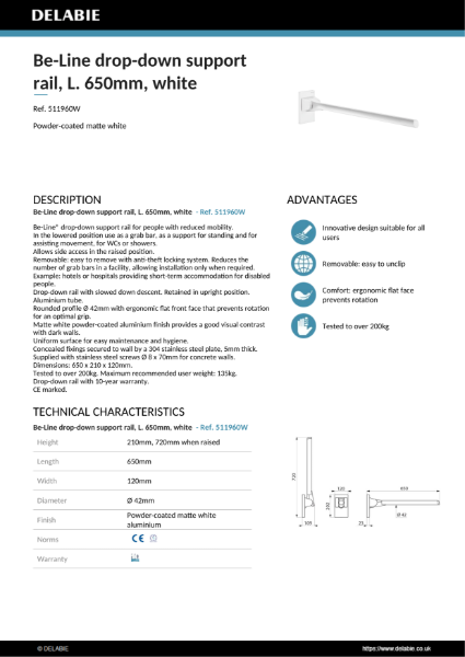 Be-Line Drop-Down Grab Bar - 650 mm - Matte White Product Data Sheet