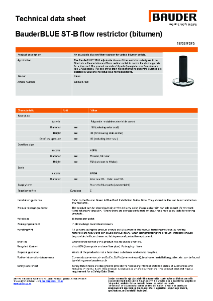 BauderBLUE ST-B flow restrictor (bitumen) - Technical Data Sheet