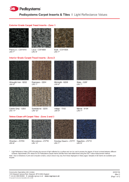 CS Pedisystems® Light Reflectance Values (LRV) for Carpet Inserts & Tiles