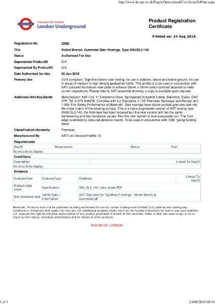 AATi certificate for product ref: SN3/SL3/140 value engineered product