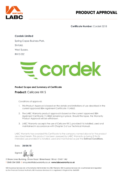 Cordek LABC Warranty Certificate - Cellcore HXS