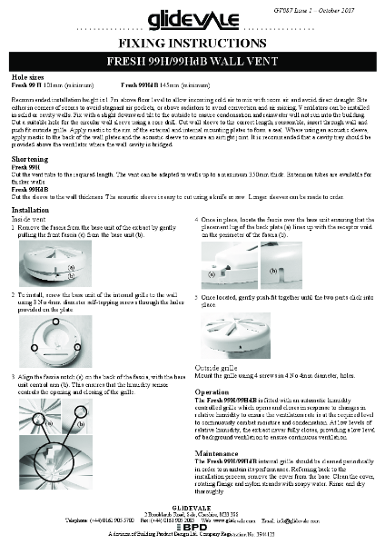 Glidevale Protect - Fixing Instructions - Fresh 99HdB Acoustic Humidity Sensitive Wall Ventilator