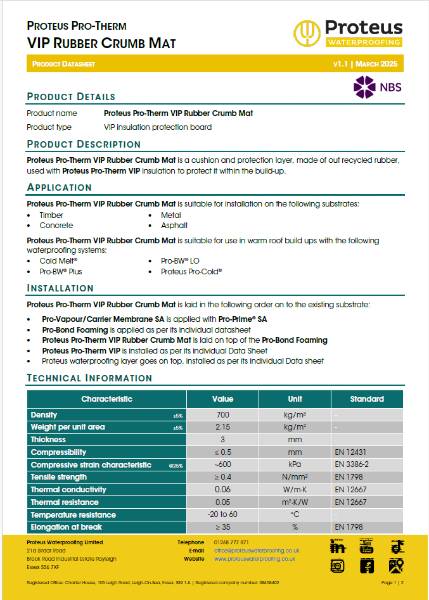 Product Data Sheet - Proteus Pro-Therm VIP Rubber Crumb Mat
