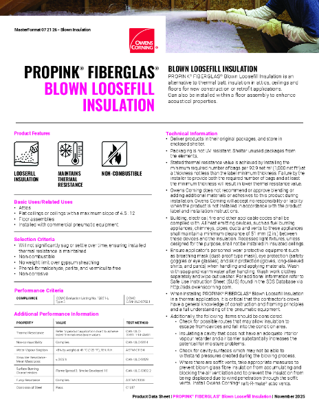 ProPink Fiberglas Blown Insulation Data Sheet
