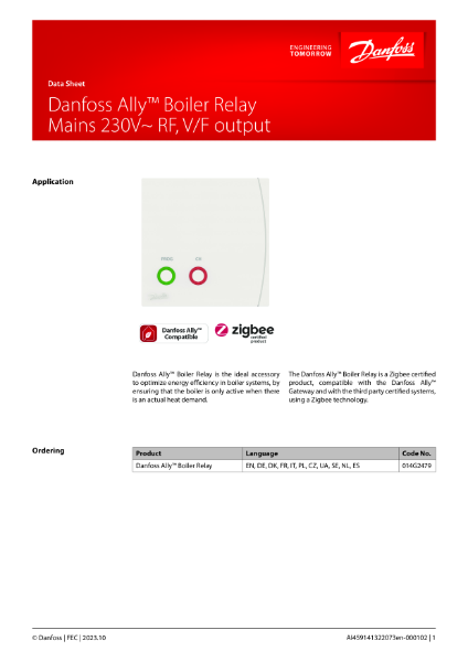 Danfoss Ally™ Boiler Relay (Data Sheet)