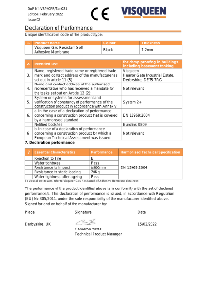 Tanking CE Visqueen Gas Resistant Self Adhesive Membrane Declaration of Performance