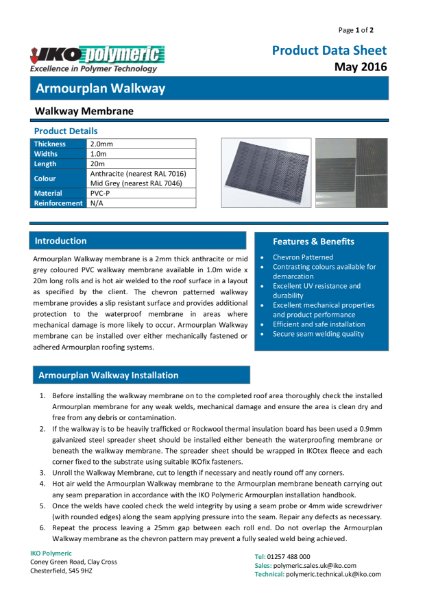 IKO Armourplan Walkway PVC Single Ply Roofing Membrane datasheet