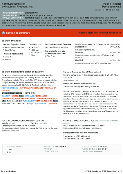 FormKote Emulsion Health Product Declaration