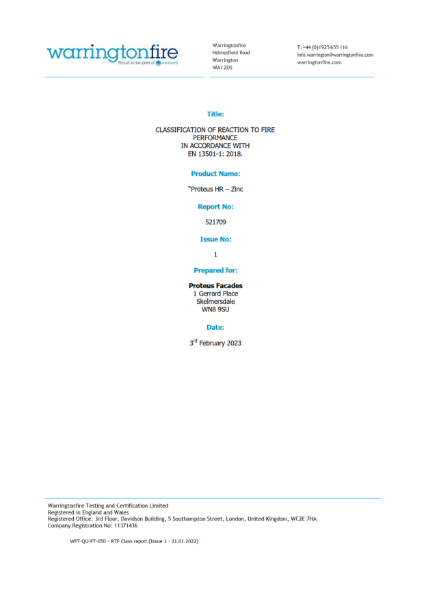 Fire classification EN13501-1 - Proteus HR Zinc