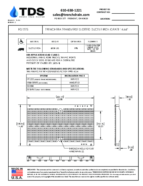 Trench•Era Transverse Slotted Ductile Iron Grate 14.66" - FG1275