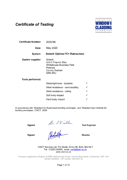 CWCT Certificate of Sotech Optima FC+