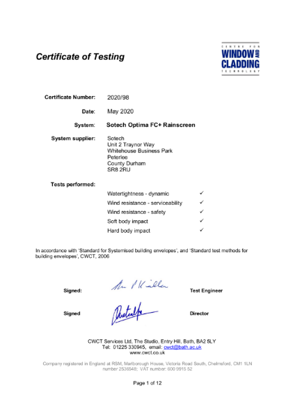 CWCT Certificate of Testing Optima FC+ 