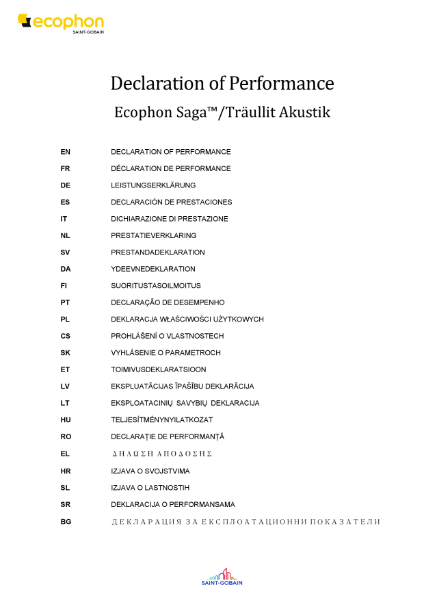 Saga A2 Declaration of Performance Certificate