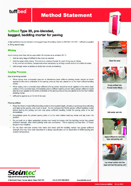 Technical Data - tuffbed Type 35 pre-blended bedding mortar