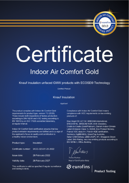 Glass Mineral Wool with ECOSE® technology - Eurofins Gold Certificate