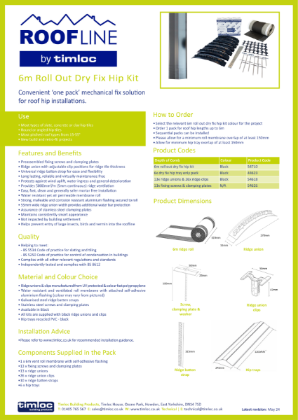 Timloc Building Products 6M Roll Out Dry Fix Hip Kit Datasheet