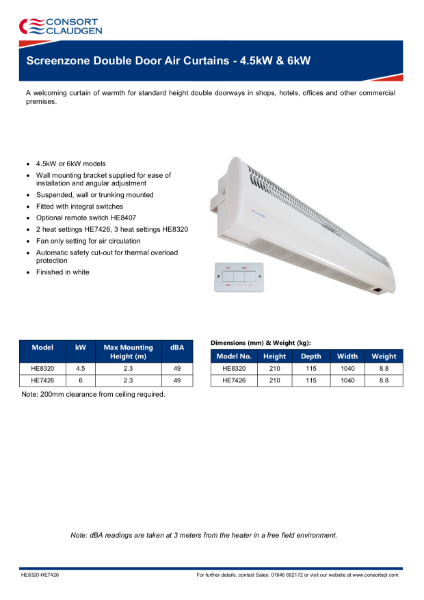 HE8320 HE7426 Air Curtains data sheet