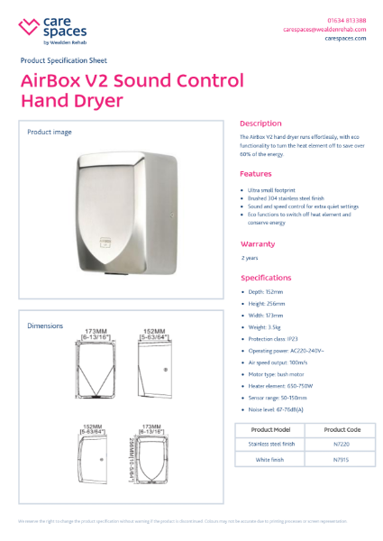 Airbox V2 ECO Dryer - Product Specification Sheet