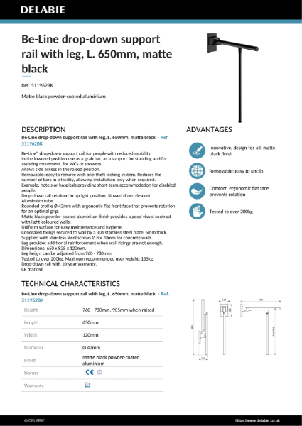 Be-Line Drop-Down Grab Bar with Leg - 650 mm - Matte Black Product Data Sheet