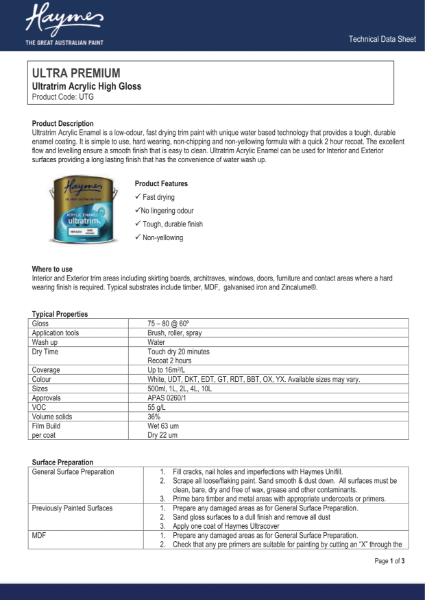 Ultratrim Acrylic Enamel Product Data Sheet.