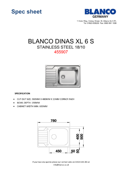 455907_Spec Sheet_BLANCO DINAS XL 6 S