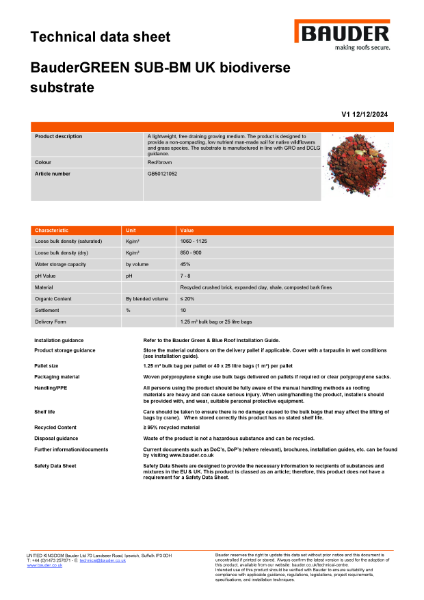 BauderGREEN SUB-BM UK Biodiverse Substrate - Technical Data Sheet