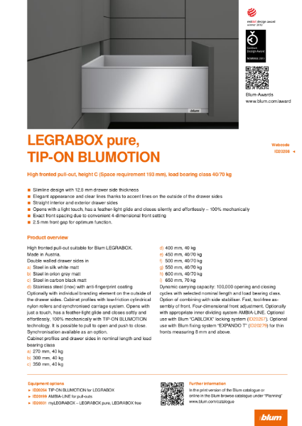 LEGRABOX pure TIP-ON BLUMOTION C Height Specification Text
