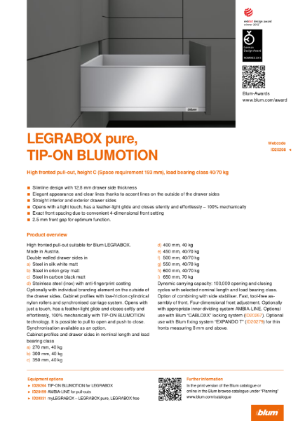 LEGRABOX pure TIP-ON BLUMOTION C Height High Fronted Pull-out Specification Text