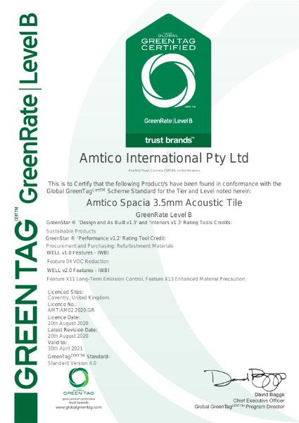 Spacia Acoustic LVT Greenrate Level B Certificate 