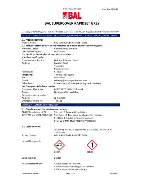 BAL Supercover Rapidset Material Safety Datasheet