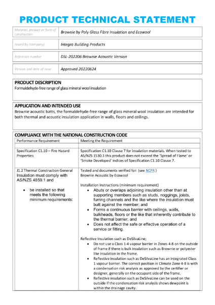 Brownie Acoustic Product Technical Statement