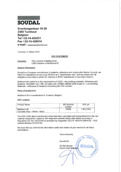 Multibond SMX50 Seal & Stick - VOC Statement