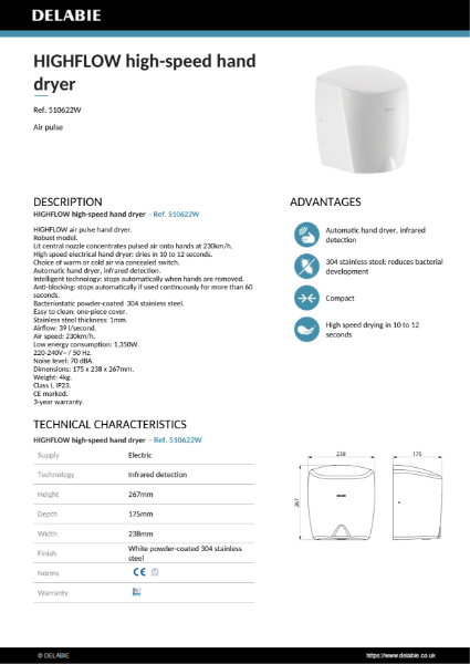 Highflow Hand Dryer - White Product Data Sheet