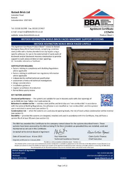 Nexus Original Brick Faced Lintels BBA Certificate