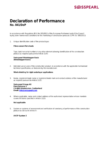 Declaration of Performance Swisspearl Windstopper Basic